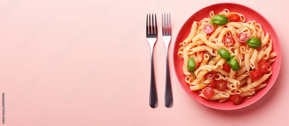Poster delicious pasta dish with a fork fresh tomato and basil on a pink background providing ample space f