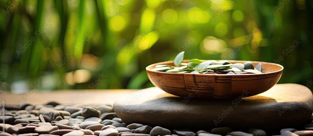 Aufkleber bowl filled with stones surrounded by bamboo grove on mat background copy space image