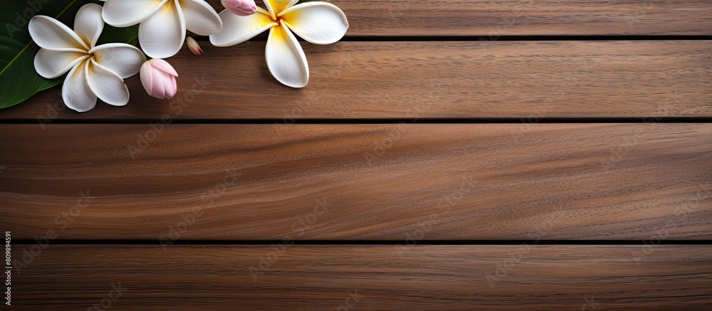 Aufkleber Top down view of a spa environment featuring a plumeria flower gracefully placed on a wooden table creating an inviting copy space image