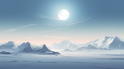 Fototapeta premium Blue and white moon and snowy mountains illustration poster background