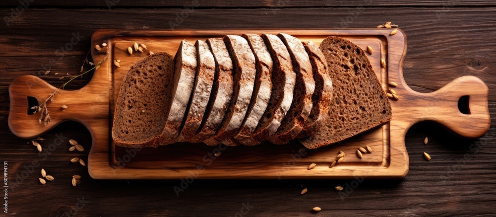 Poster a beautiful arrangement of freshly baked sliced rye bread on a wooden cutting board captured from ab