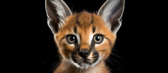 An 8 month old caracal kitten is isolated against a background creating a copy space image with a technical close up