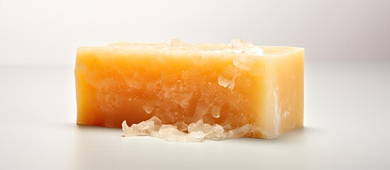 Close up shot of a white background with a handmade soap providing ample space for copy or text in the image