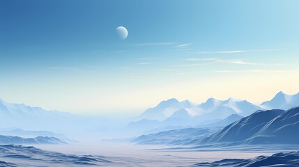 Blue and white moon and snowy mountains illustration poster background