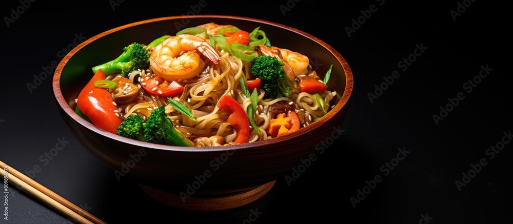 Poster a healthy asian meal consisting of stir fried udon noodles with shrimp prawns and vegetables present