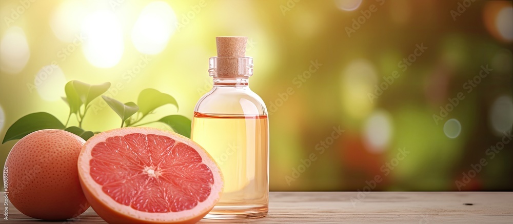 Aufkleber Close up photo of grapefruit essential oil in a bottle alongside a fresh fruit placed on a well lit table There is empty space available for adding text. Creative banner. Copyspace image