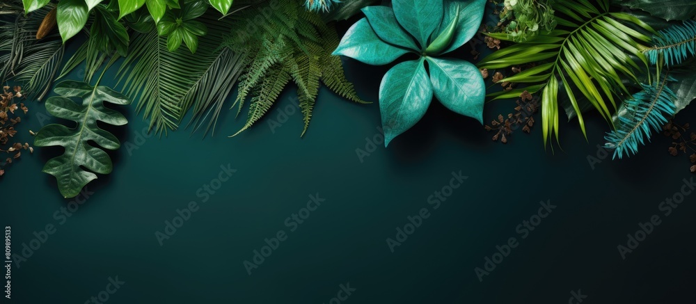 Aufkleber top view of a trendy green and turquoise background with a creative layout of green leaves and exoti
