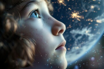 Detailed shot of a child's face, with the Earth floating above, enveloped by the vastness of space in the background
