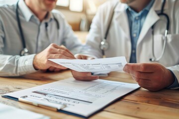 A doctor discusses medical results with a patient, focusing on a document in a well-lit office setting.
