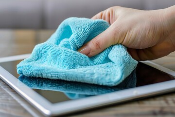 Detail of hand cleaning tablet screen with microfiber cloth