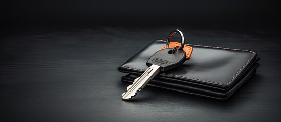 Dark grey background with a male leather wallet and car key providing ample copy space for the image