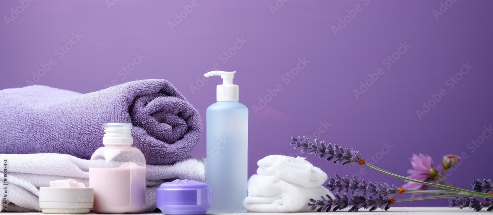 Poster lilac background with a collection of bath supplies and cosmetic products creating a copy space imag
