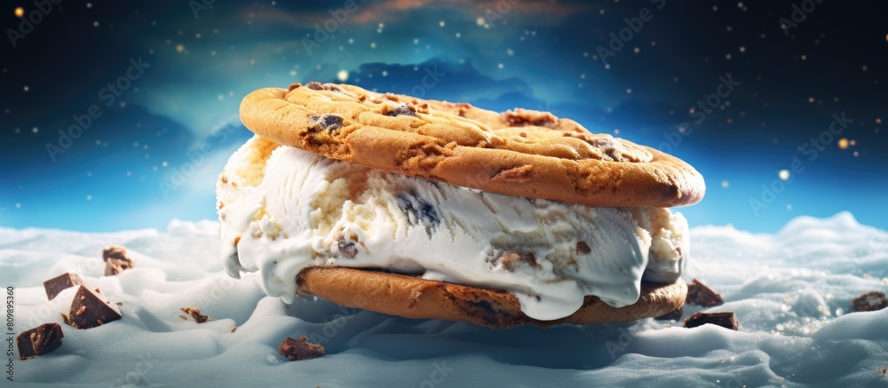 Poster Delicious cookie sandwich filled with creamy vanilla ice cream perfect for indulging in a sweet treat Incredible copy space image