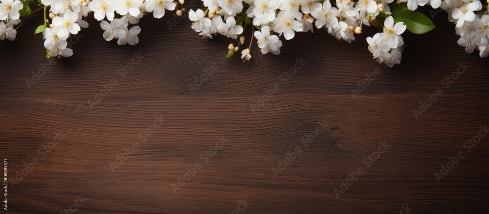 Poster a copy space image featuring a frame of white flowers on a wooden brown background providing a templ