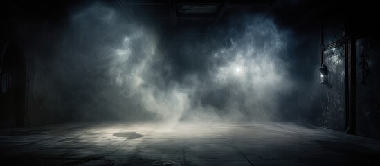 Dark room with empty walls dim lights swirling smoke glowing rays and abundant copy space image