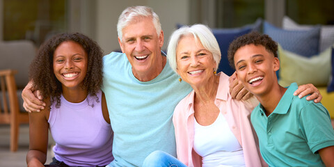 Portrait Of Multi Racial Family With Grandparents And Teenage Grandchildren Sitting On Deck At Home