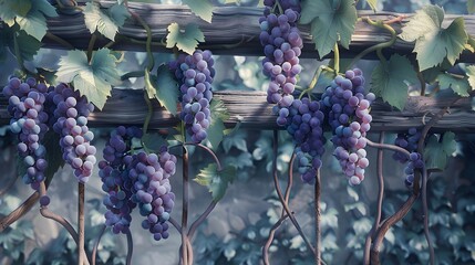A grapevine heavy with bunches of ripe purple grapes, climbing a rustic trellis