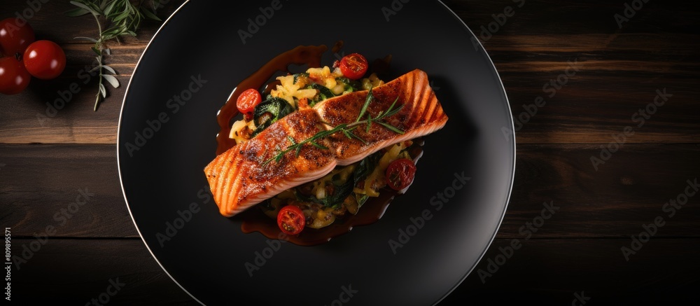 Poster above a horizontal view captures a flatlay of a black plate adorned with a succulent baked salmon fi