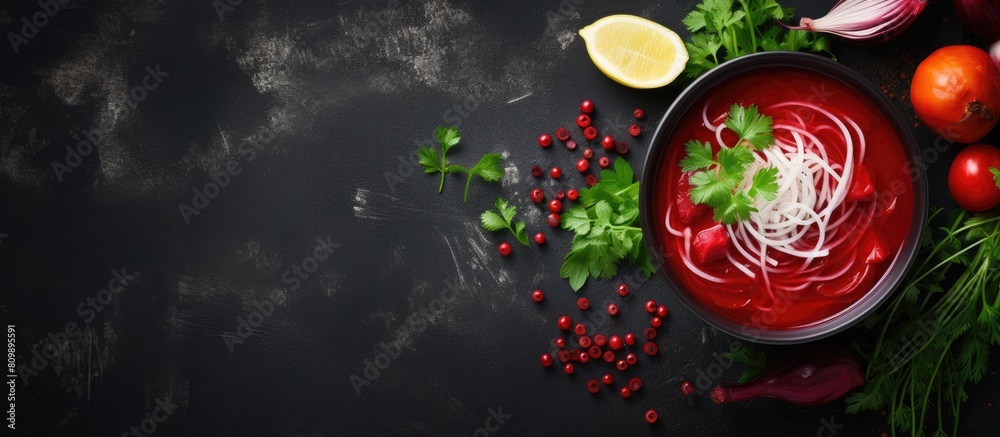 Poster A traditional bowl of Borscht soup rests on a black table presented in a flat lay style with ample copy space for additional elements