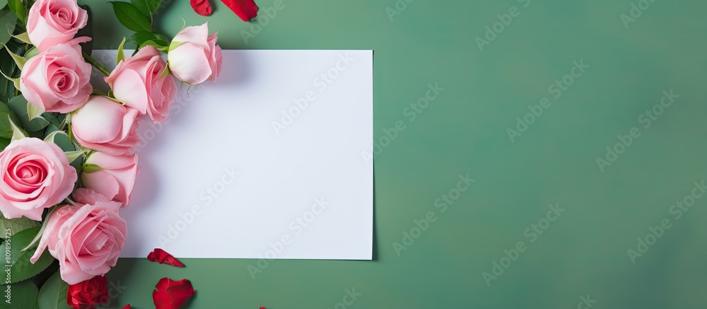Leinwandbilder Top view of a green background adorned with blooming pink roses featuring an empty white paper sheet and a red heart creating an ideal copy space image