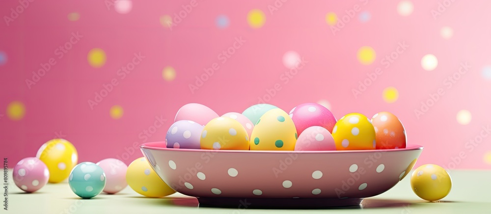 Poster a festive arrangement of colorful easter eggs with dots is displayed on a yellow plate alongside bun