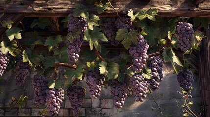A grapevine heavy with bunches of ripe purple grapes, climbing a rustic trellis