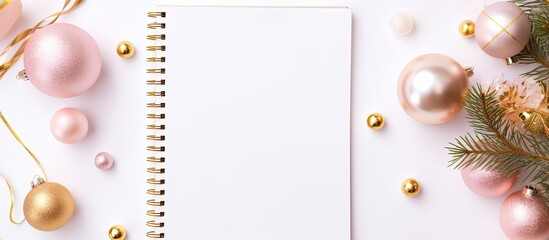 An aesthetically appealing flat lay style image of a planning concept notebook adorned with festive decorations and placed on a white table with a designated area for text The color scheme exudes a s