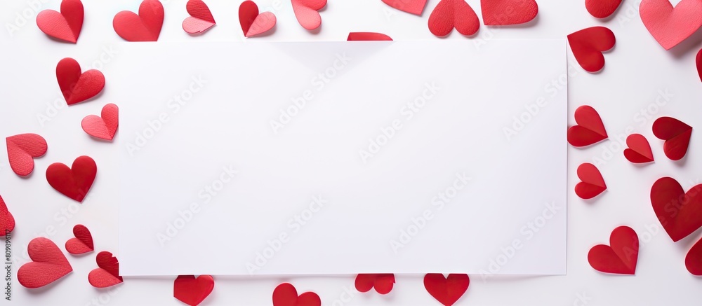 Poster valentine concept depicted in a flat lay image featuring a heart shaped paper on a white background 