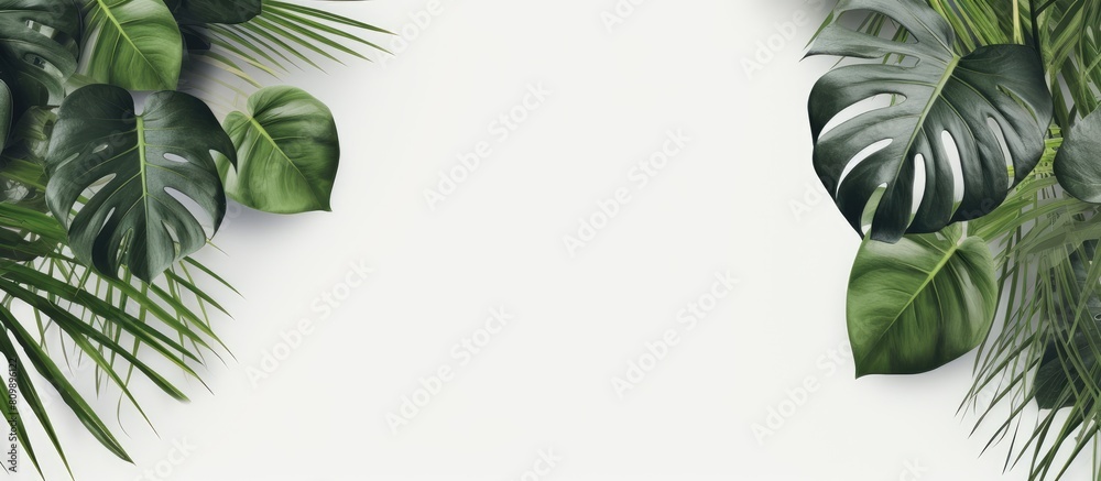 Poster A realistic and organic arrangement of tropical leaves casts natural shadows on a white textured background perfect for overlaying on product presentations backdrops and mockups Copy space image