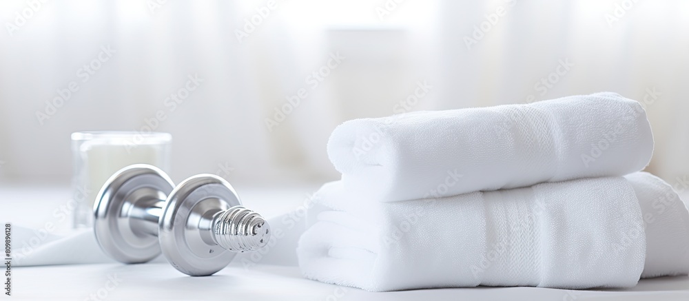 Poster an image illustrating the concept of a healthy lifestyle featuring a silver dumbbell and a white tow