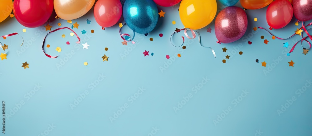 Poster colorful background with party accessories arranged in a flat lay composition leaving empty space fo