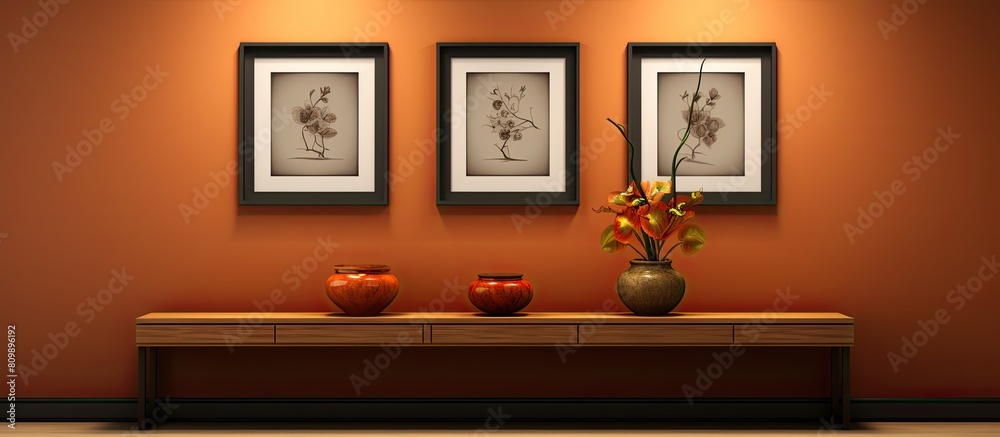 Poster contemporary office featuring empty frames a vase filled with flowers and a well lit wall providing 
