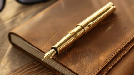 A close-up of a gold-plated fountain pen resting on a leather-bound journal, ready to capture thoughts and ideas in style.