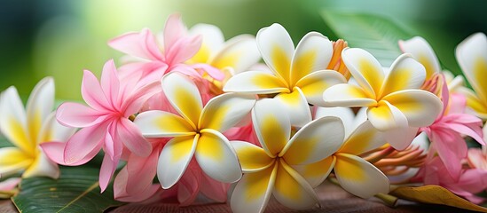 A colorful mix of Frangipani flowers in pink white and yellow also known as Plumeria are set against a blurred background of fresh green leaves enhancing the spa and relaxation concept of this copy s