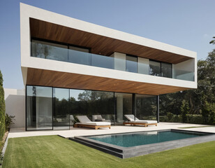 modern luxury house exterior with a garden and pool