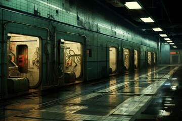 Obraz premium Futuristic subway station 3d rendering with empty platforms and eerie neon lighting reflecting on the tiles