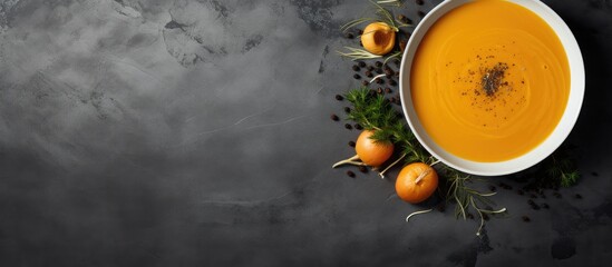 A copy space image of butternut squash soup with black pepper displayed from an overhead perspective on a smooth grey slate surface
