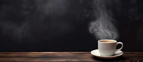 A cup of hot coffee sits on a terrace with a blank blackboard as the background The image is designed with the copy space concept in mind