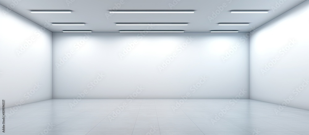 Aufkleber an art gallery s interior features an empty white wall illuminated by spotlights with ample space fo