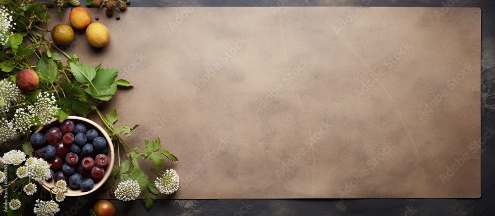 Aufkleber A dark stone table with a sheet of brown paper for writing green gooseberries and blueberries a bouquet of field daisies and scissors create a background for creativity in this top view copy space im
