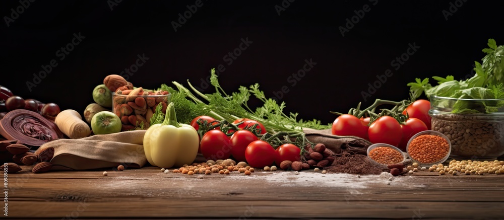 Poster A close up shot of food ingredients on an oak table creating a visually appealing copy space image