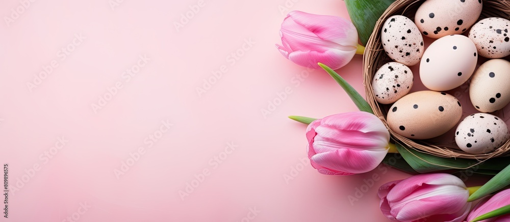 Poster a vibrant easter scene featuring quail eggs nestled in a nest alongside tulips on a pink background 