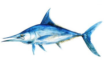 Blue marlin,  Pastel-colored, in hand-drawn style, watercolor, isolated on white background