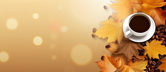 In autumn enjoy a cup of coffee surrounded by golden yellow leaves and jot down some notes Copy space image