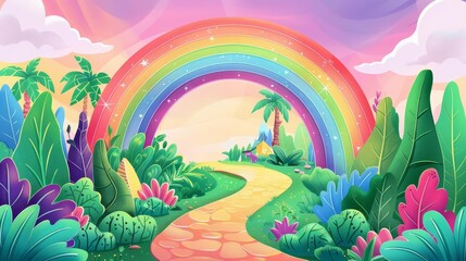 Fantasy landscape with a magical rainbow bridge winding through diverse ecosystems, symbolizing the connection between various LGBTQ communities - obrazy, fototapety, plakaty