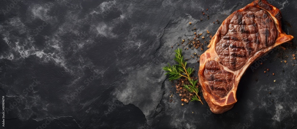 Aufkleber A top down perspective of a grilled T bone steak placed on a stone table providing ample copy space for you to add your text