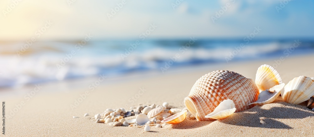 Poster Scenic summer beach background with seashells on sand providing copy space for text in the image