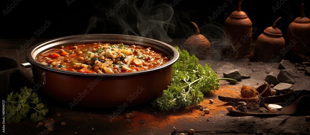 Poster a studio photo of a vegetable soup highlighting the lentils. creative banner. copyspace image