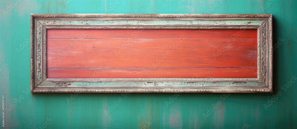 Poster on the vibrant vintage wall there is a wooden picture frame providing ample space for adding an imag