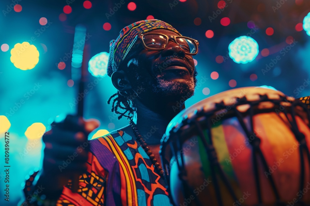 Wall mural capture a close-up of a man passionately drumming on colorful african djembe drums under the vibrant